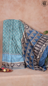Teal Blue and Geometric Pattern Pallu Ajrakh Semi Tussar Silk Saree